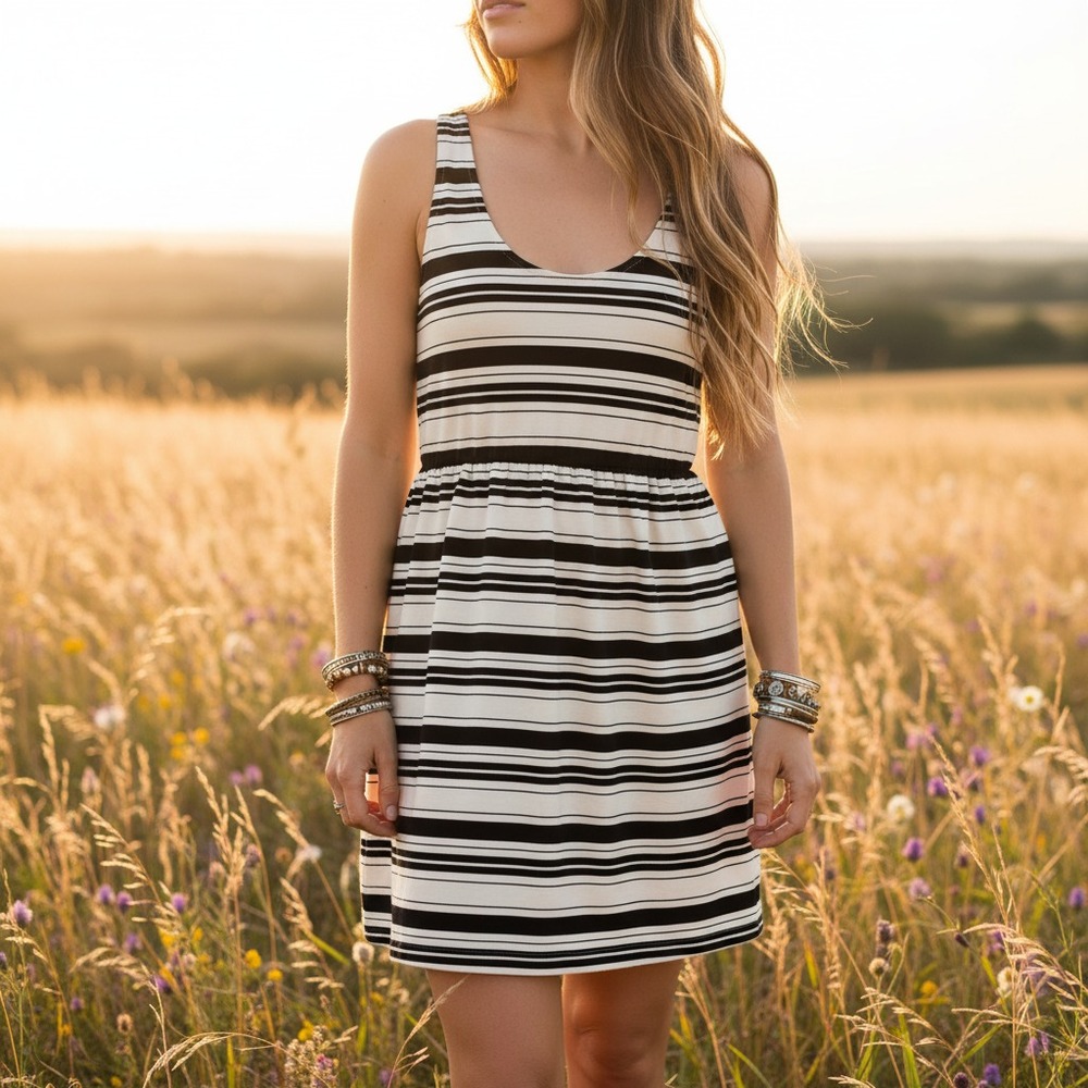 J Crew Factory L Black White Striped Button Back Tank Dress Boho Edgy Office‎